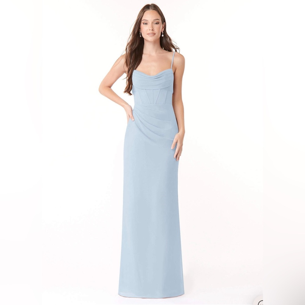 AZAZIE Mai fitted pleated chiffon dress in color Mist, size A6